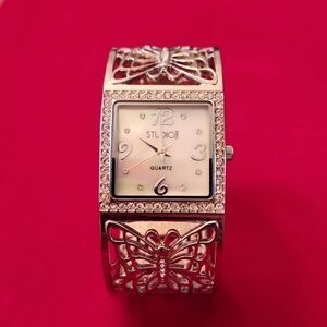 NEW Studio Time Silver Tone Quartz Butterfly Cuff Watch